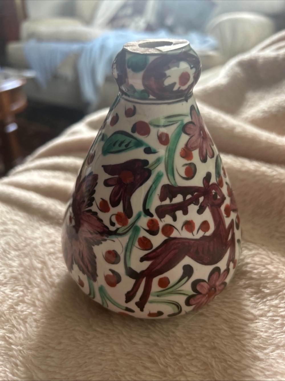 Hand-Painted Greek Ceramic Vase with Maroon Floral and Green Accents